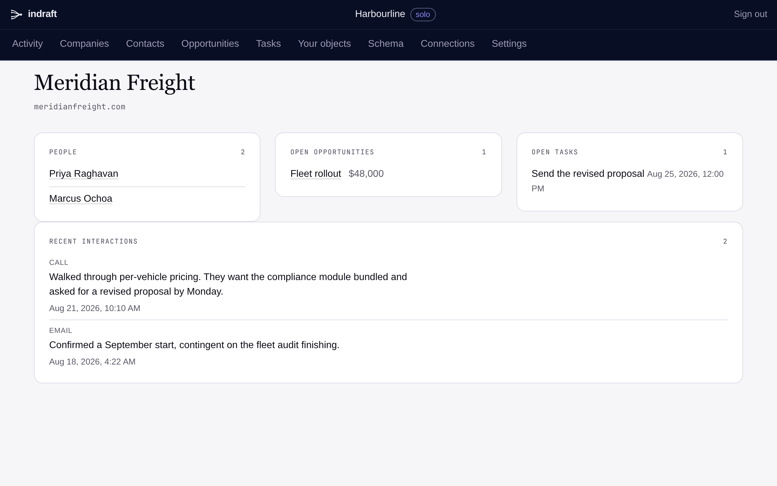An Indraft company record. Meridian Freight, with its people, open opportunities, open tasks, and recent interactions, each interaction summarised in a sentence.